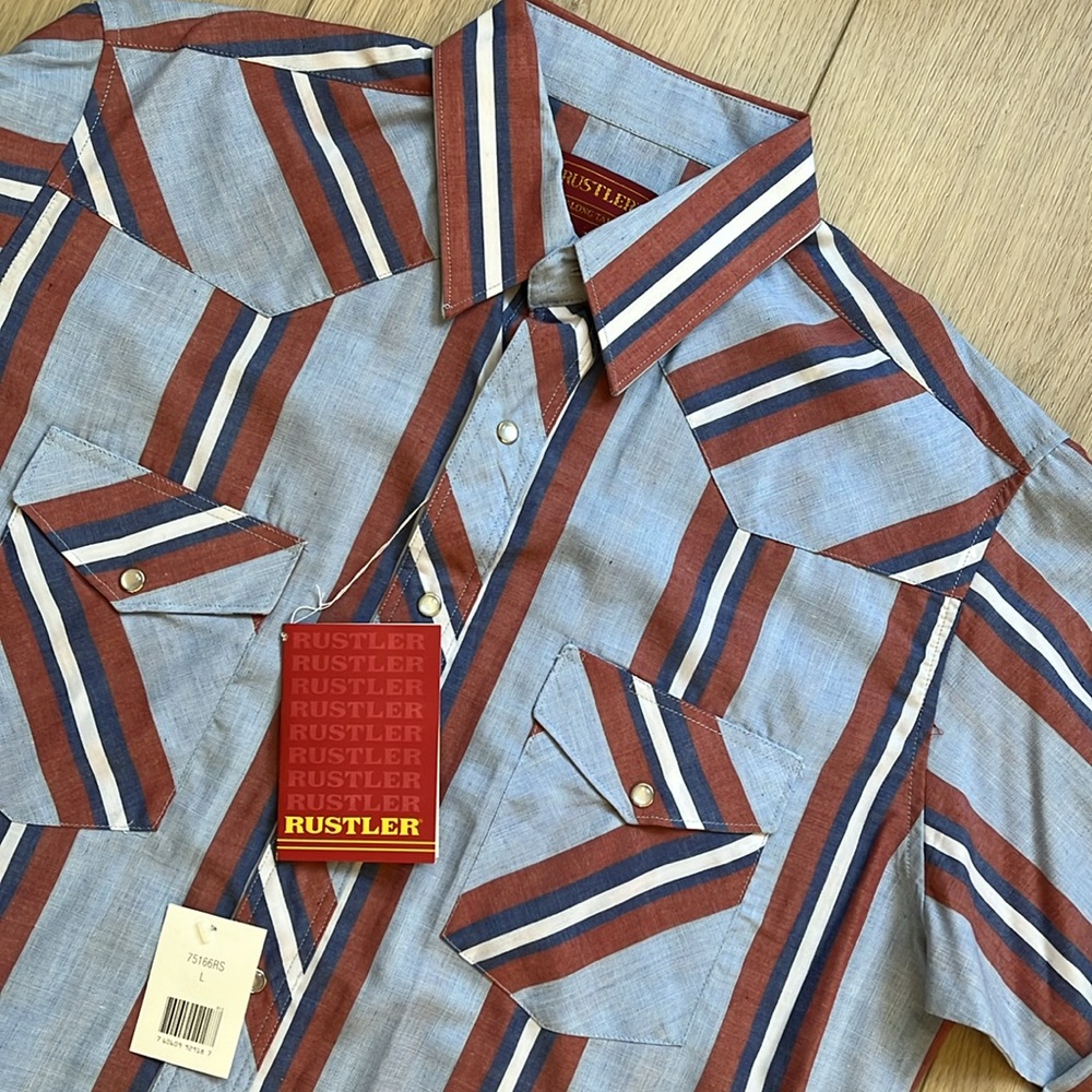 NWT VTG Rustler Men's Striped Western pearl snap Shirt Blue Red White size Large